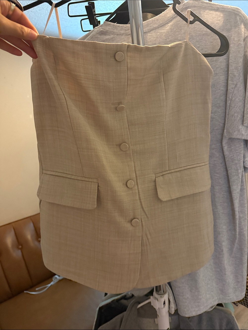 Beige Button-Front Strapless Top